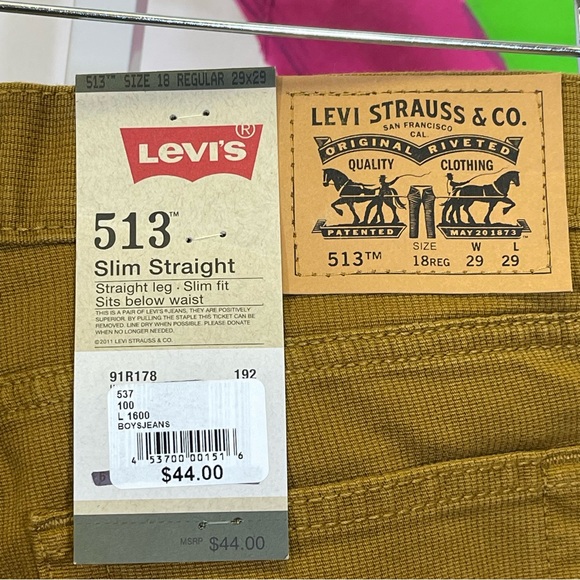NWT Levi's 513 Slim Straight, Mustard Cord Jeans. Size 18 Reg, 29x29. - Picture 4 of 8